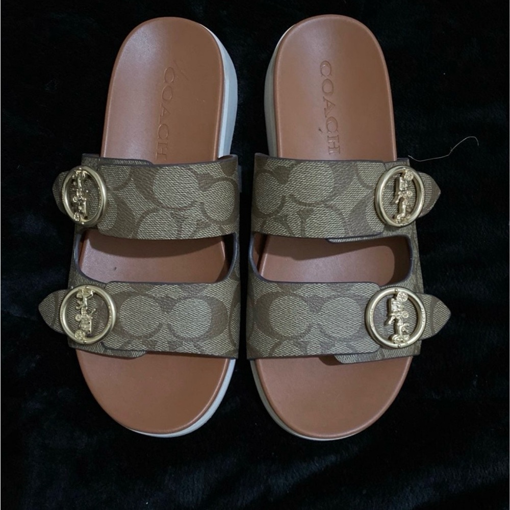 Coach Brown Logo Double-Strap Slide Sandals with Gold Buckles